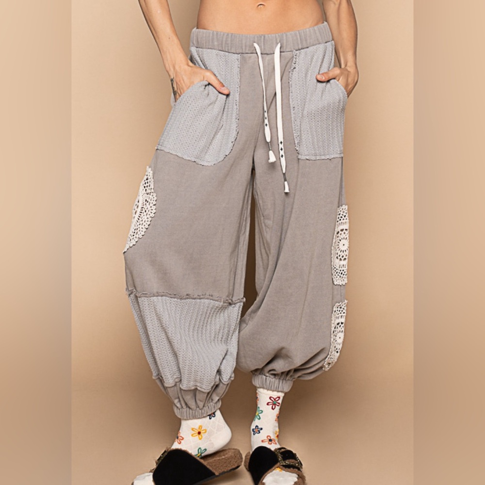 NWT POL Boho Crochet Doily Patchwork Jogger Sweats Sweat Pants Joggers Grey - Picture 3 of 13